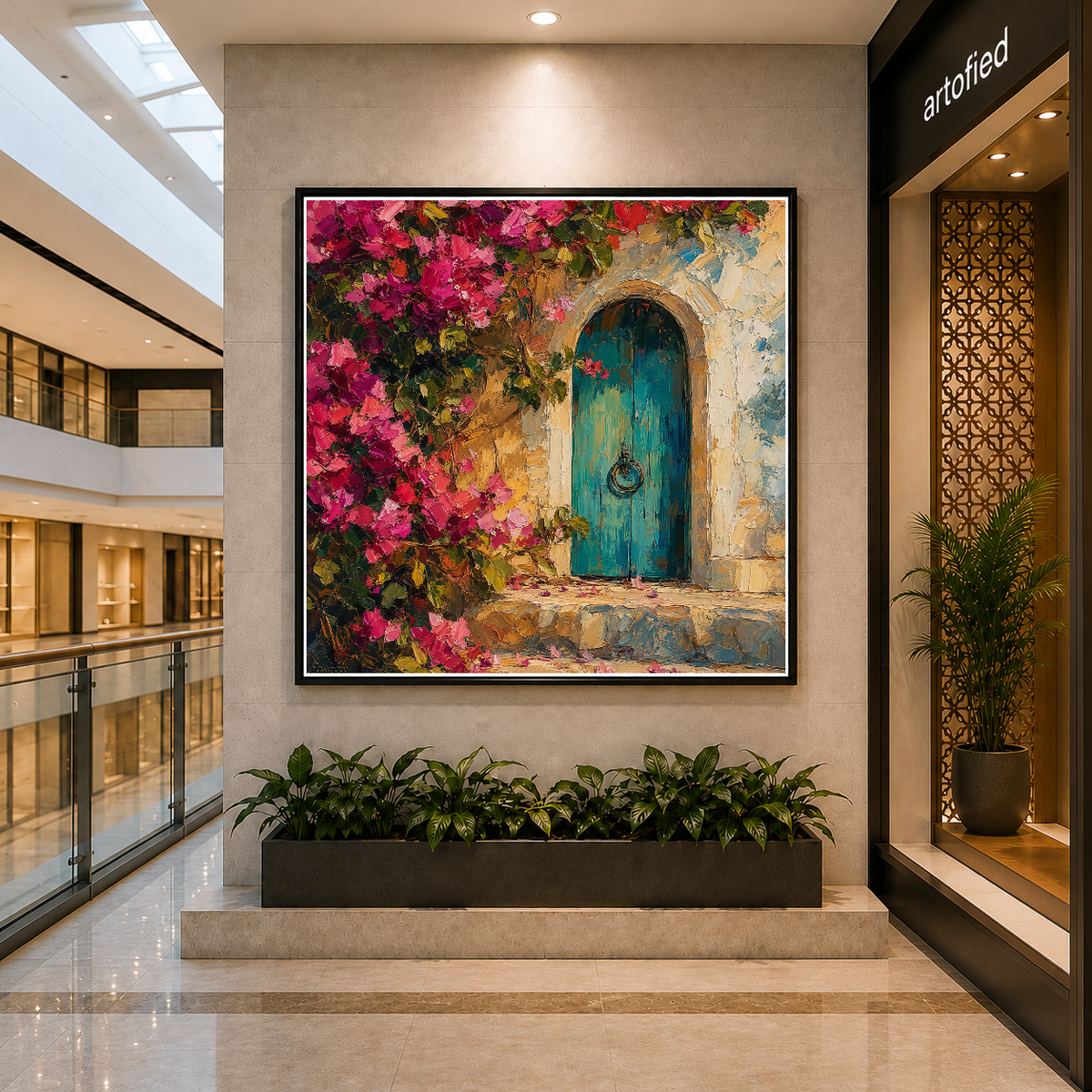 Turquoise Door with Bougainvillea – Magenta blooms soften weathered stone walls – Framed Metal Poster - Artofied