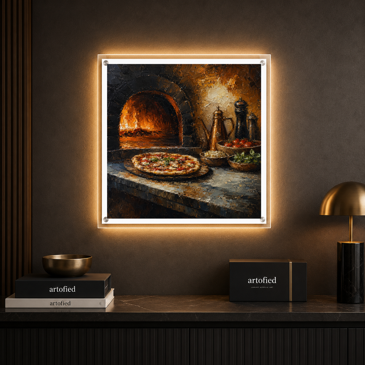 Wood-Fired Pizza in Rustic Warmth – Golden firelight on stone and crust – Acrylic Glowing Frame - Artofied
