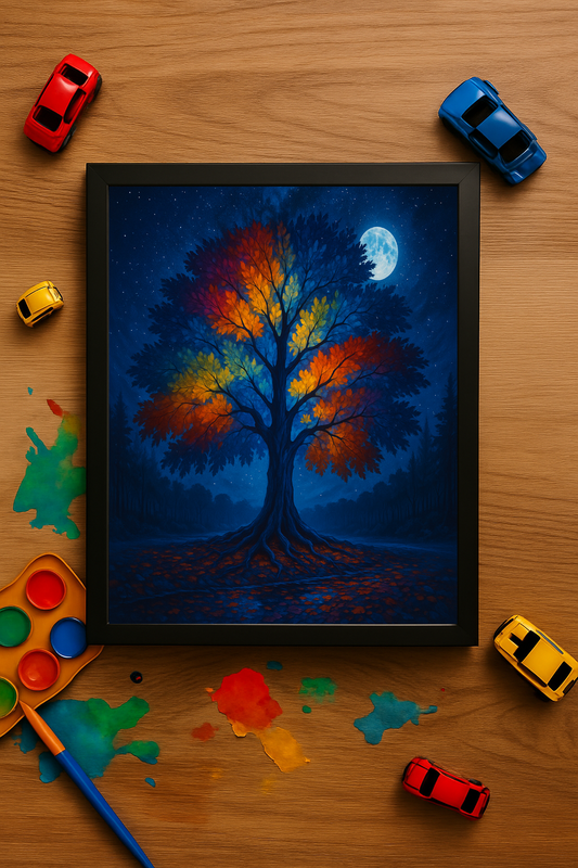Moonlit Ember Tree – A Quiet Moment of Color – Framed Metal Wall Art