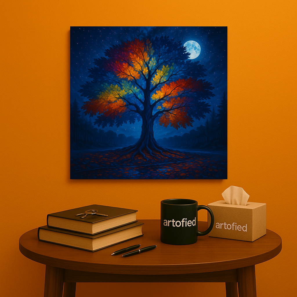 Moonlit Ember Tree – A Quiet Moment of Color – Premium Metal Poster