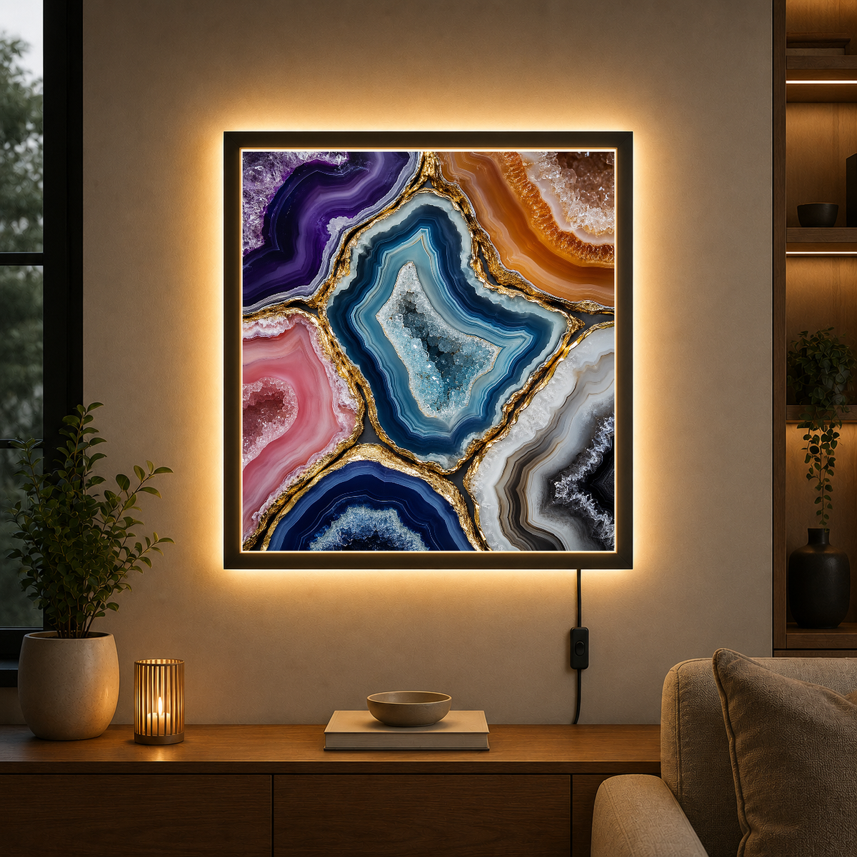 Agate Geodes in Golden Light – Purple depths fractured by veins of gold – Acrylic Glowing Frame - Artofied