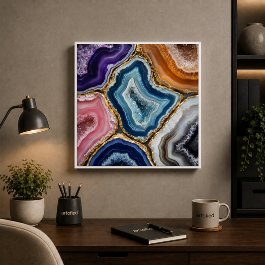 Agate Geodes in Golden Light – Purple depths fractured by veins of gold – Framed Metal Poster - Artofied