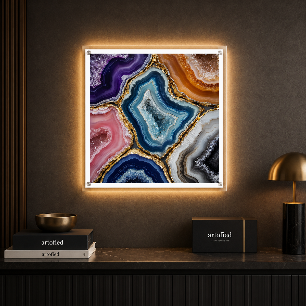 Agate Geodes in Golden Light – Purple depths fractured by veins of gold – Photo Frame Wall Lamp - Artofied