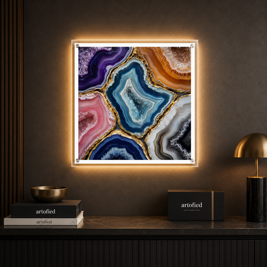 Agate Geodes in Golden Light – Purple depths fractured by veins of gold – Photo Frame Wall Lamp - Artofied