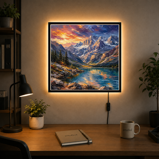 Alpine Lake at Golden Hour – Where mountains meet light and reflection – Acrylic Glowing Frame - Artofied