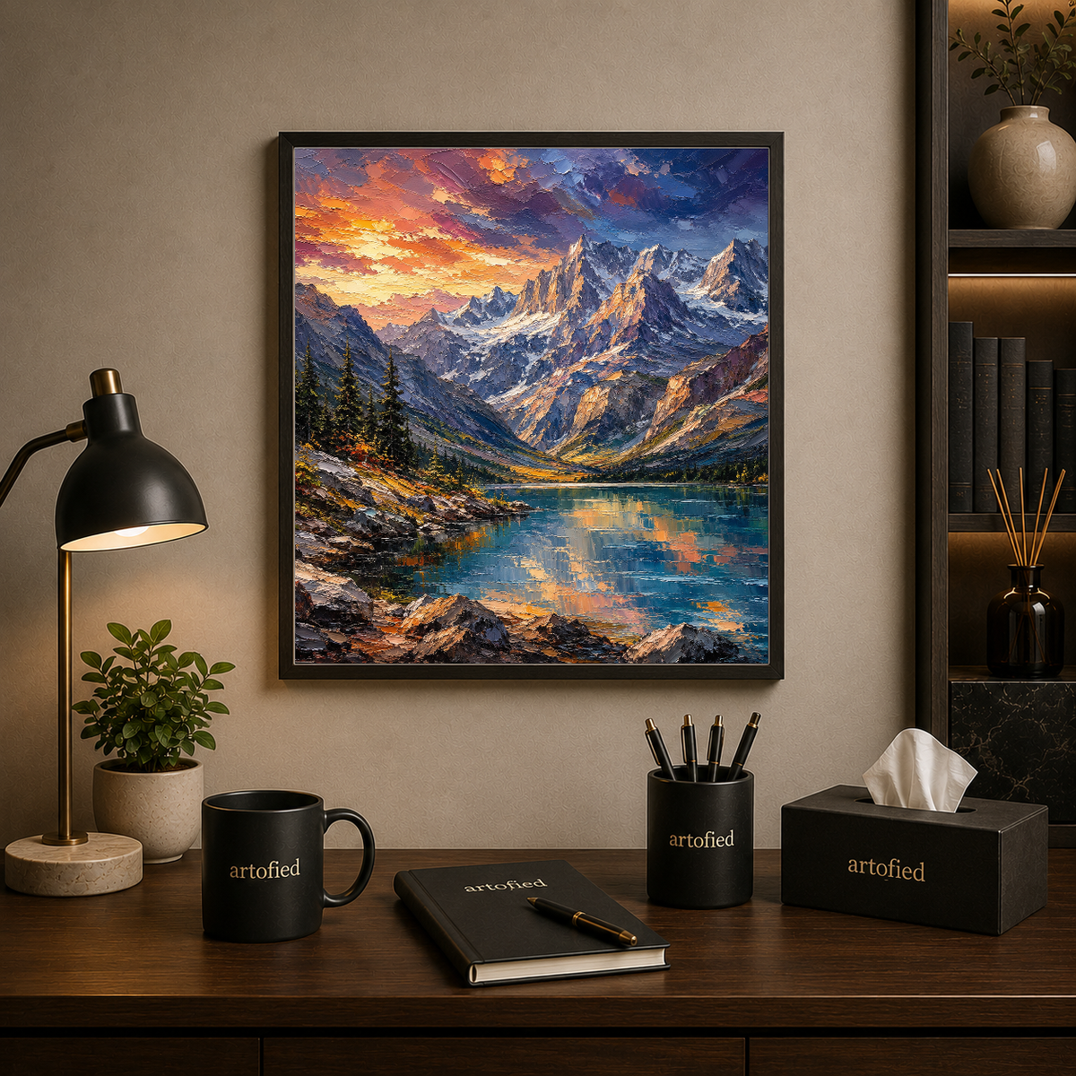 Alpine Lake at Golden Hour – Where mountains meet light and reflection – Framed Metal Poster - Artofied