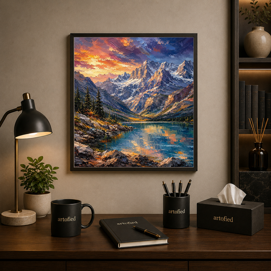 Alpine Lake at Golden Hour – Where mountains meet light and reflection – Framed Metal Poster - Artofied