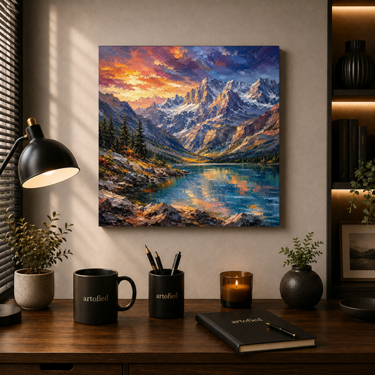 Alpine Lake at Golden Hour – Where mountains meet light and reflection – Premium Metal Poster - Artofied