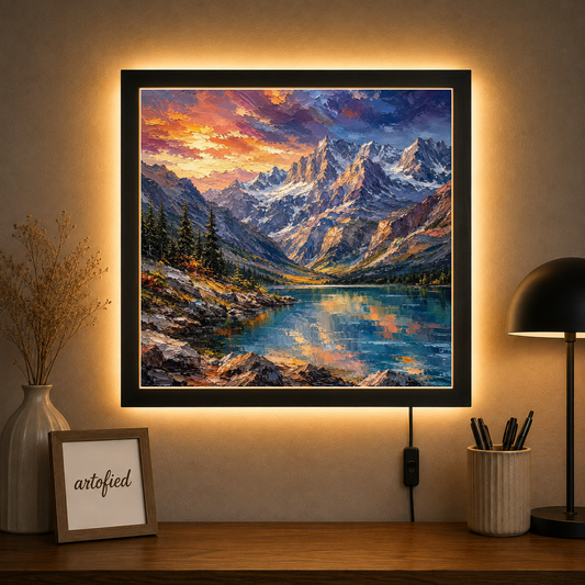 Alpine Lake at Golden Hour – Where mountains meet light and reflection – Photo Frame Wall Lamp - Artofied