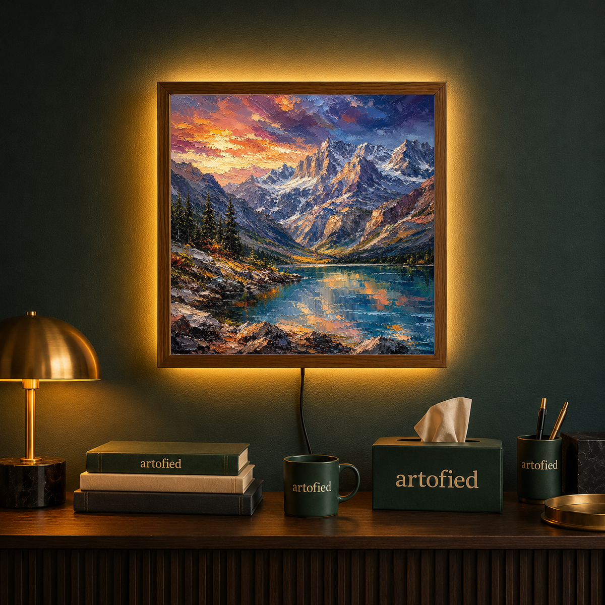 Alpine Sunrise Over Mountain Lake – Where peaks meet golden light and stillness – Acrylic Glowing Frame - Artofied