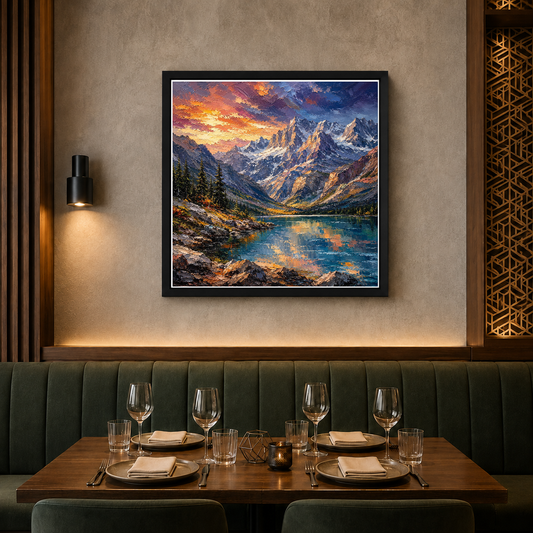 Alpine Sunrise Over Mountain Lake – Where peaks meet golden light and stillness – Framed Metal Poster - Artofied