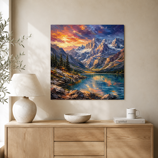 Alpine Sunrise Over Mountain Lake – Where peaks meet golden light and stillness – Premium Metal Poster - Artofied