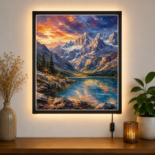 Alpine Sunrise Over Mountain Lake – Where peaks meet golden light and stillness – Photo Frame Wall Lamp - Artofied