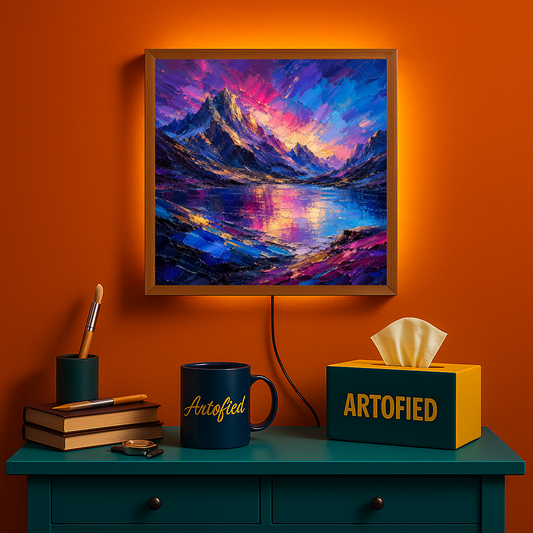 Alpine Sunset Over Mirror Lake – Where mountains meet their reflection in gold – Acrylic Glowing Frame - Artofied