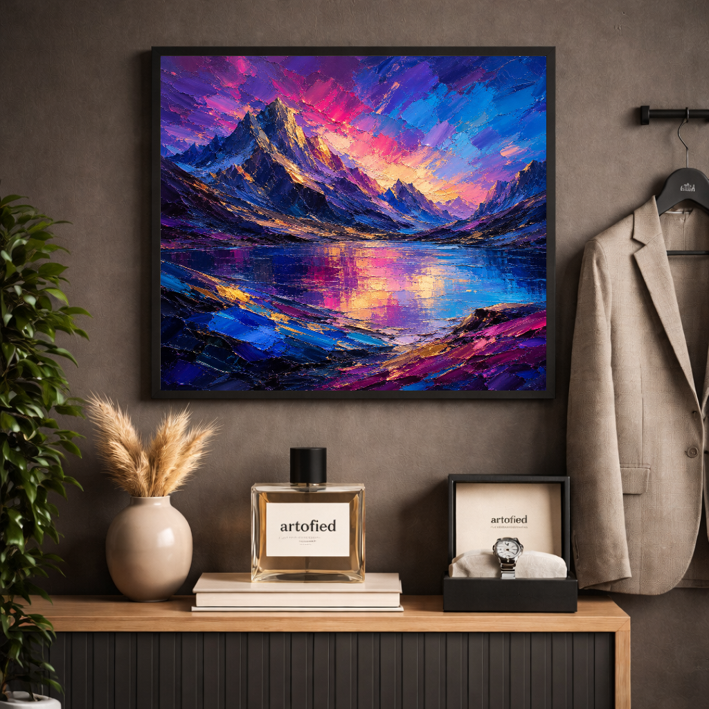 Alpine Sunset Over Mirror Lake – Where mountains meet their reflection in gold – Framed Metal Poster - Artofied