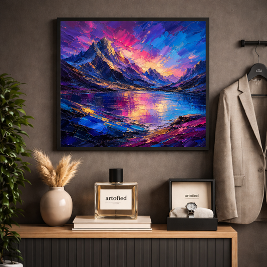 Alpine Sunset Over Mirror Lake – Where mountains meet their reflection in gold – Framed Metal Poster - Artofied
