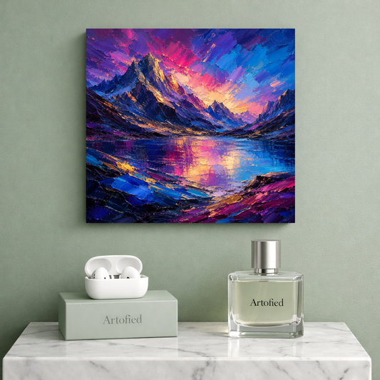 Alpine Sunset Over Mirror Lake – Where mountains meet their reflection in gold – Premium Metal Poster - Artofied