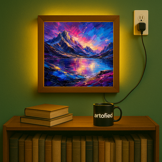 Alpine Sunset Over Mirror Lake – Where mountains meet their reflection in gold – Photo Frame Wall Lamp - Artofied