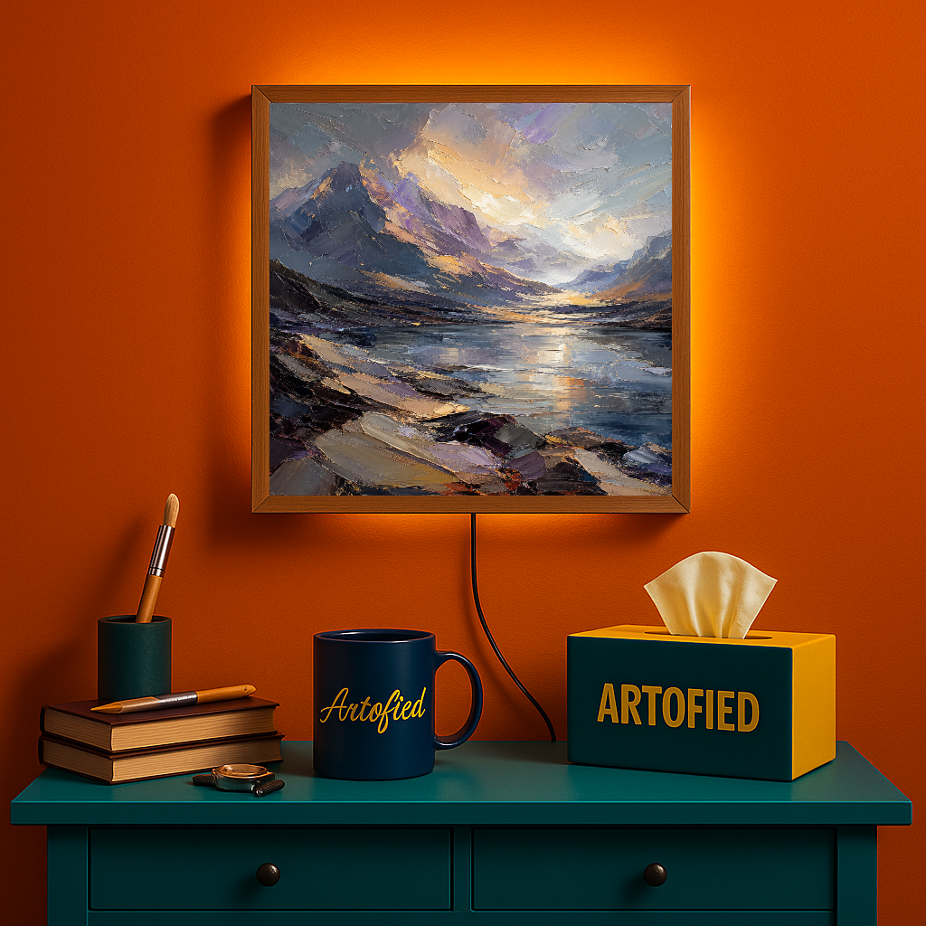 Alpine Sunset Over Mountain Lake – Where peaks meet golden hour light – Acrylic Glowing Frame - Artofied