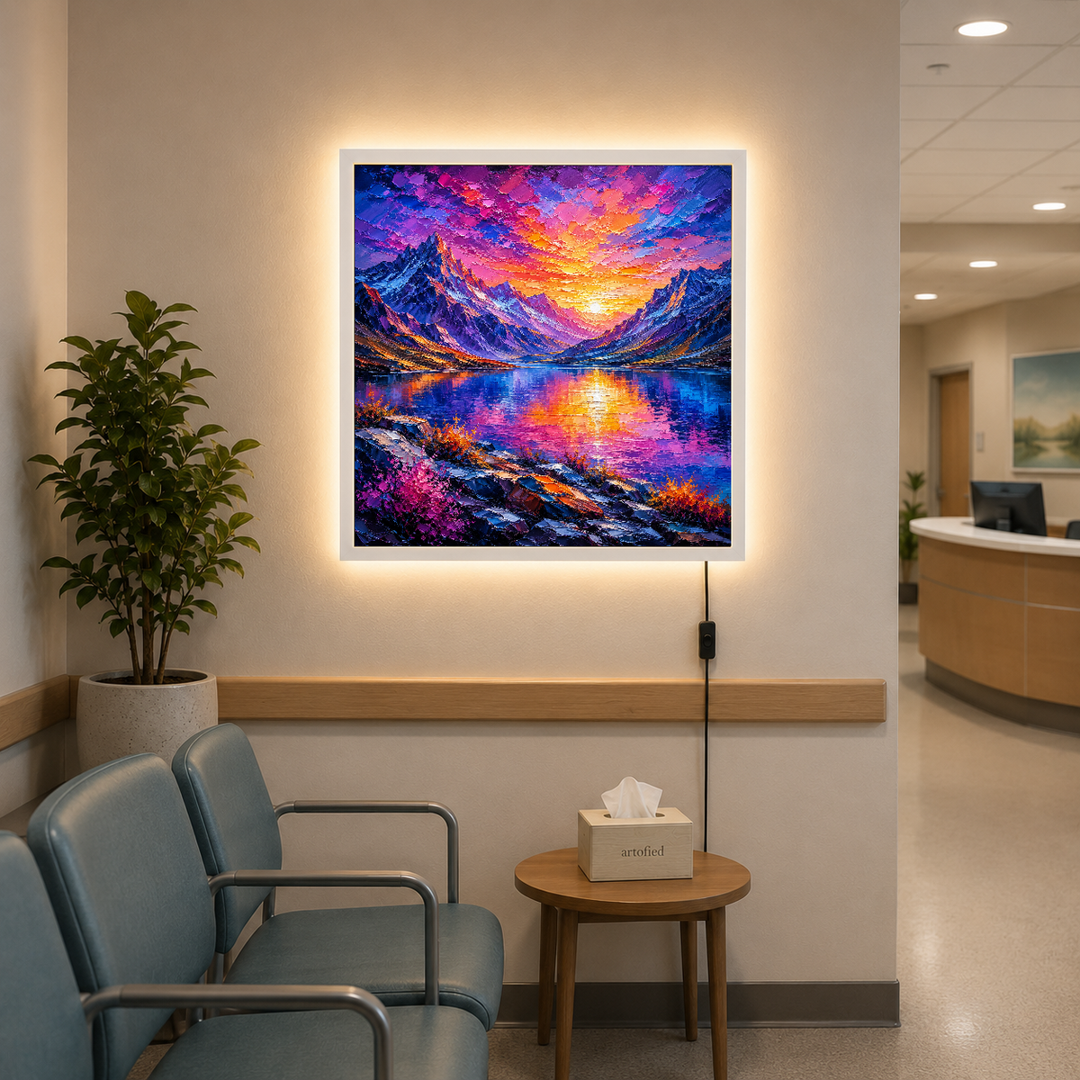 Alpine Sunset Over Mountain Lake – Where peaks meet fire and water reflects wonder – Acrylic Glowing Frame - Artofied