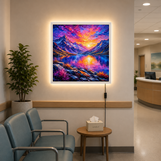 Alpine Sunset Over Mountain Lake – Where peaks meet fire and water reflects wonder – Acrylic Glowing Frame - Artofied
