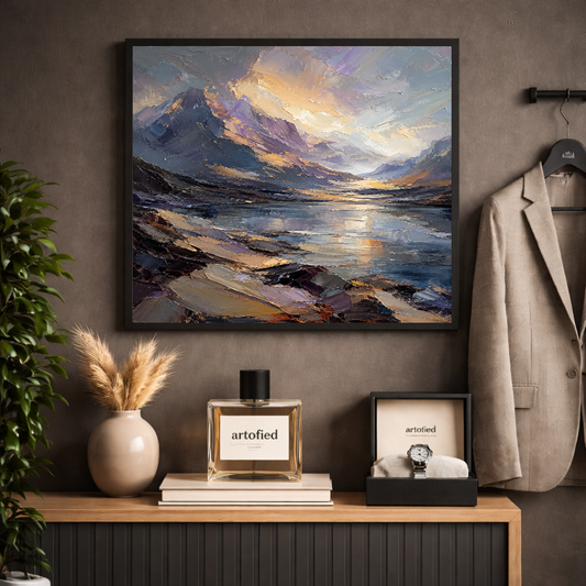 Alpine Sunset Over Mountain Lake – Where peaks meet golden hour light – Framed Metal Poster - Artofied