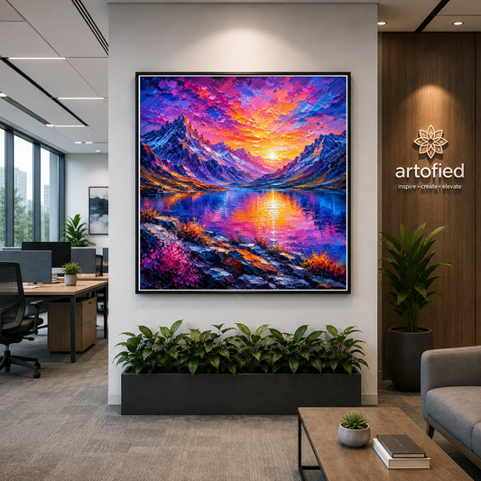 Alpine Sunset Over Mountain Lake – Where peaks meet fire and water reflects wonder – Framed Metal Poster - Artofied