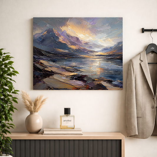 Alpine Sunset Over Mountain Lake – Where peaks meet golden hour light – Premium Metal Poster - Artofied