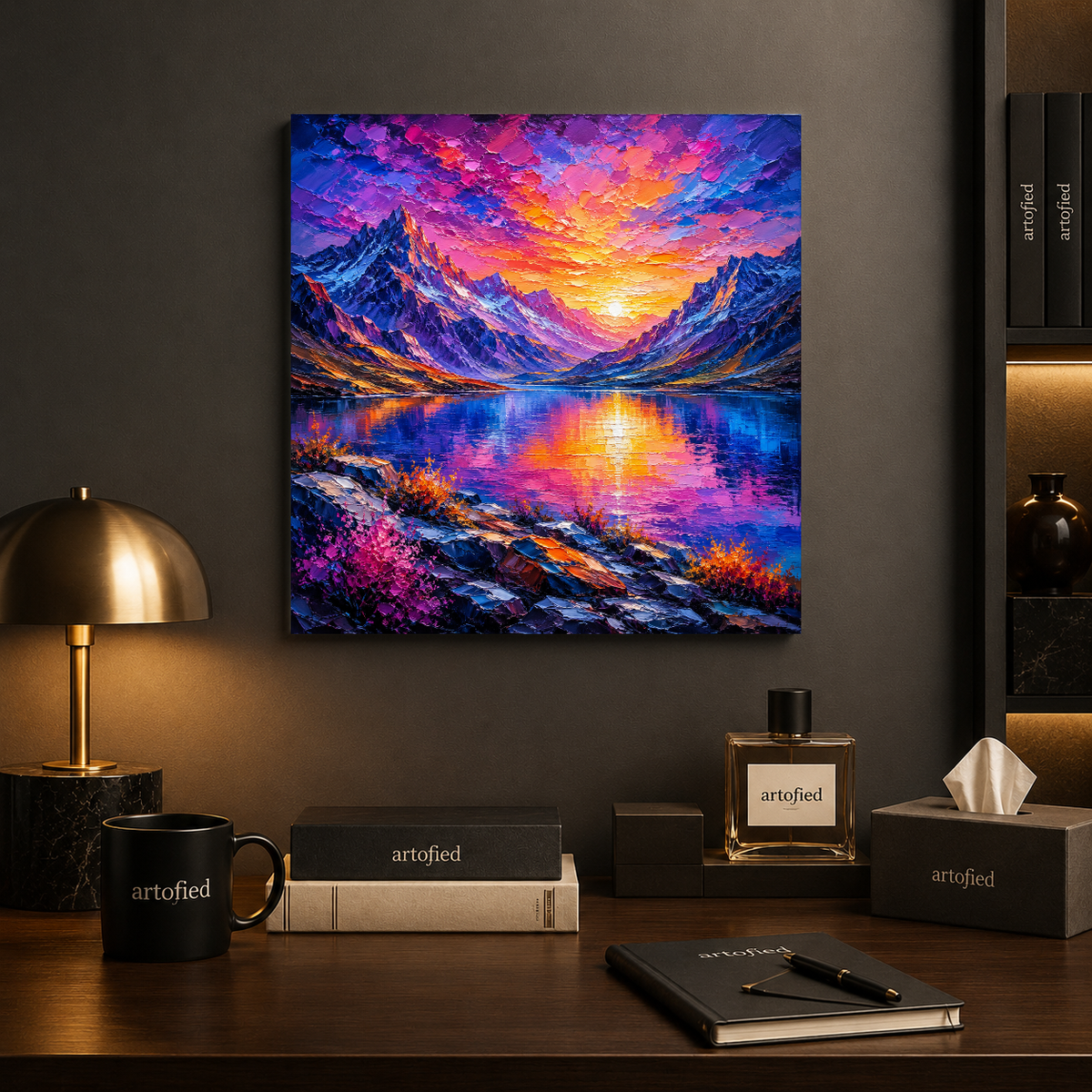 Alpine Sunset Over Mountain Lake – Where peaks meet fire and water reflects wonder – Premium Metal Poster - Artofied
