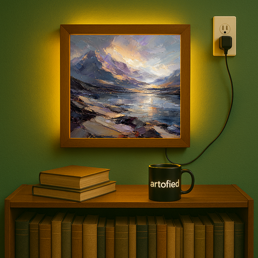 Alpine Sunset Over Mountain Lake – Where peaks meet golden hour light – Photo Frame Wall Lamp - Artofied