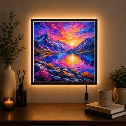 Alpine Sunset Over Mountain Lake – Where peaks meet fire and water reflects wonder – Photo Frame Wall Lamp - Artofied