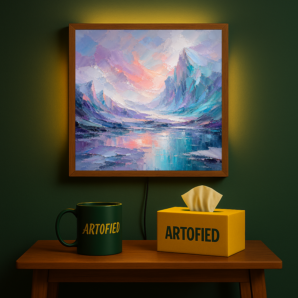 Alpine Twilight Mountain Lake Reflection – Where peaks meet their mirror image – Acrylic Glowing Frame - Artofied