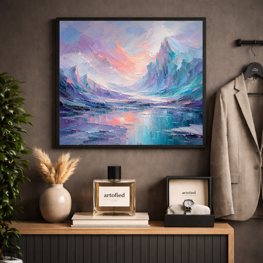 Alpine Twilight Mountain Lake Reflection – Where peaks meet their mirror image – Framed Metal Poster - Artofied