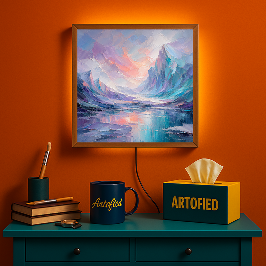 Alpine Twilight Mountain Lake Reflection – Where peaks meet their mirror image – Photo Frame Wall Lamp - Artofied