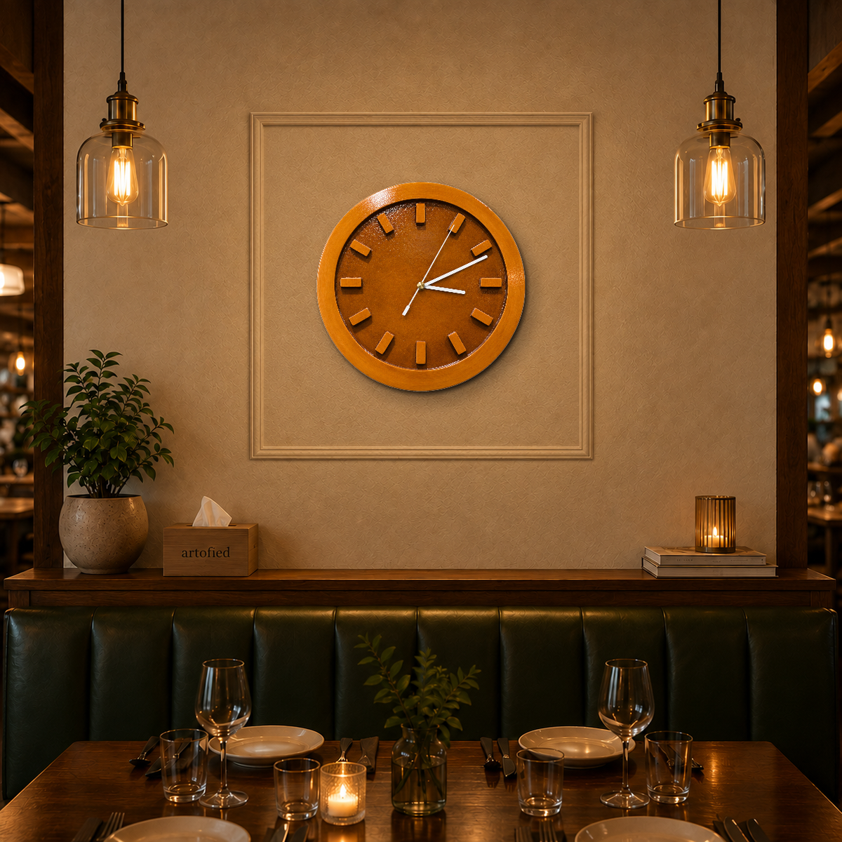 Amber Halo Classic wooden wall clock in a warm restaurant with a plaster wall panel