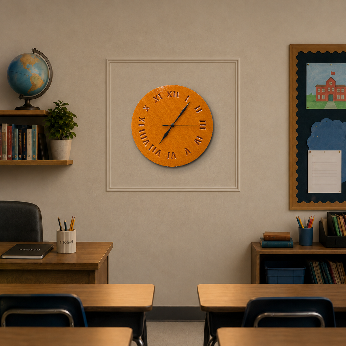 Amber Roman Hours wooden wall clock on a beige wall with plaster molding