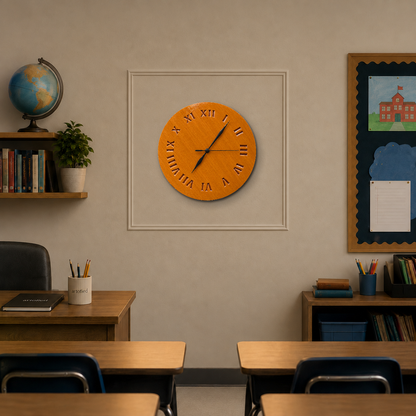 Amber Roman Hours wooden wall clock on a beige wall with plaster molding