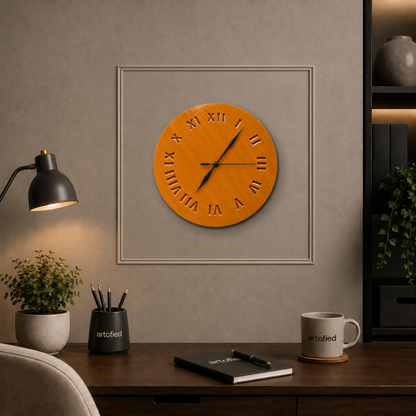 Amber Roman Hours wooden wall clock above a desk on a taupe panelled wall