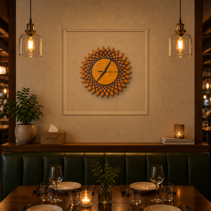Amber Sunburst Lattice wooden wall clock in a warm restaurant with a plaster wall panel