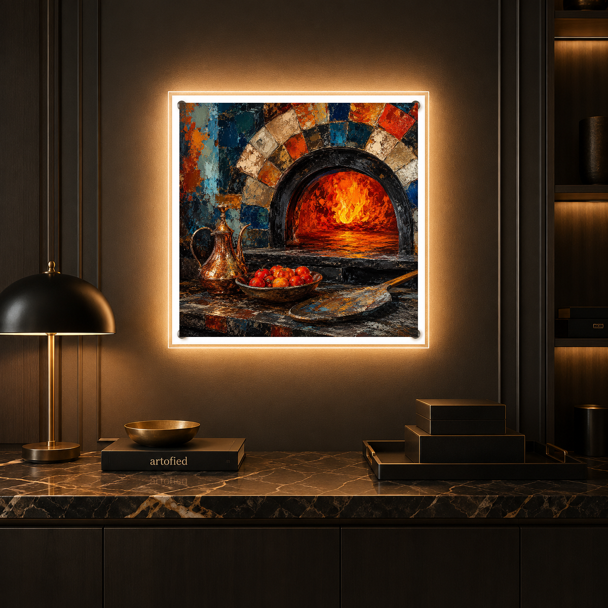 Ancient Hearth: The Potter's Fire – Kiln-fired warmth breathing through ancient tiles – Acrylic Glowing Frame - Artofied