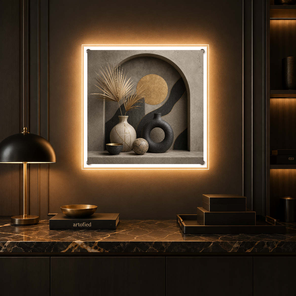 Arched Stillness: Moon and Vessels – Gold and charcoal in patient repose. – Acrylic Glowing Frame - Artofied