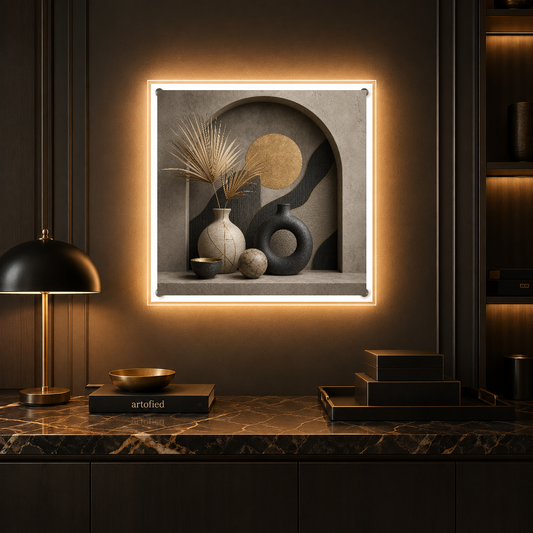 Arched Stillness: Moon and Vessels – Gold and charcoal in patient repose. – Acrylic Glowing Frame - Artofied