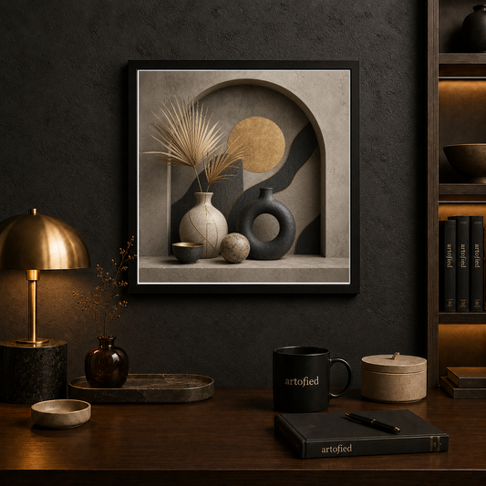 Arched Stillness: Moon and Vessels – Gold and charcoal in patient repose. – Framed Metal Poster - Artofied