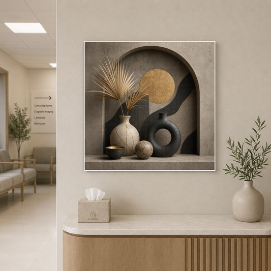 Arched Stillness: Moon and Vessels – Gold and charcoal in patient repose. – Premium Metal Poster - Artofied