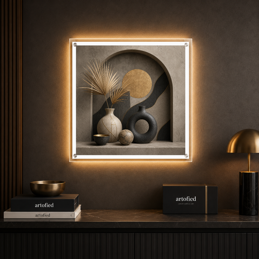 Arched Stillness: Moon and Vessels – Gold and charcoal in patient repose. – Photo Frame Wall Lamp - Artofied