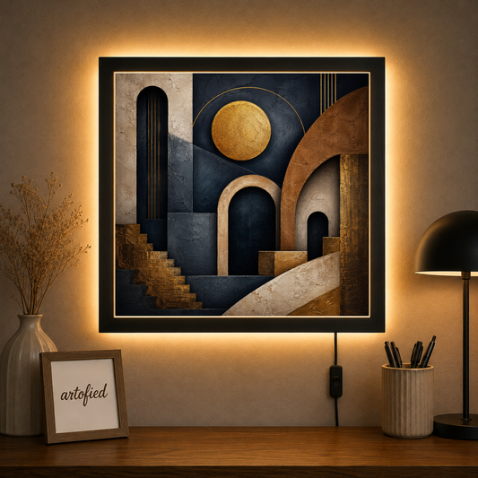 Architectural Dreams in Gold and Indigo – Gold leaf catches shadow in arches – Photo Frame Wall Lamp - Artofied