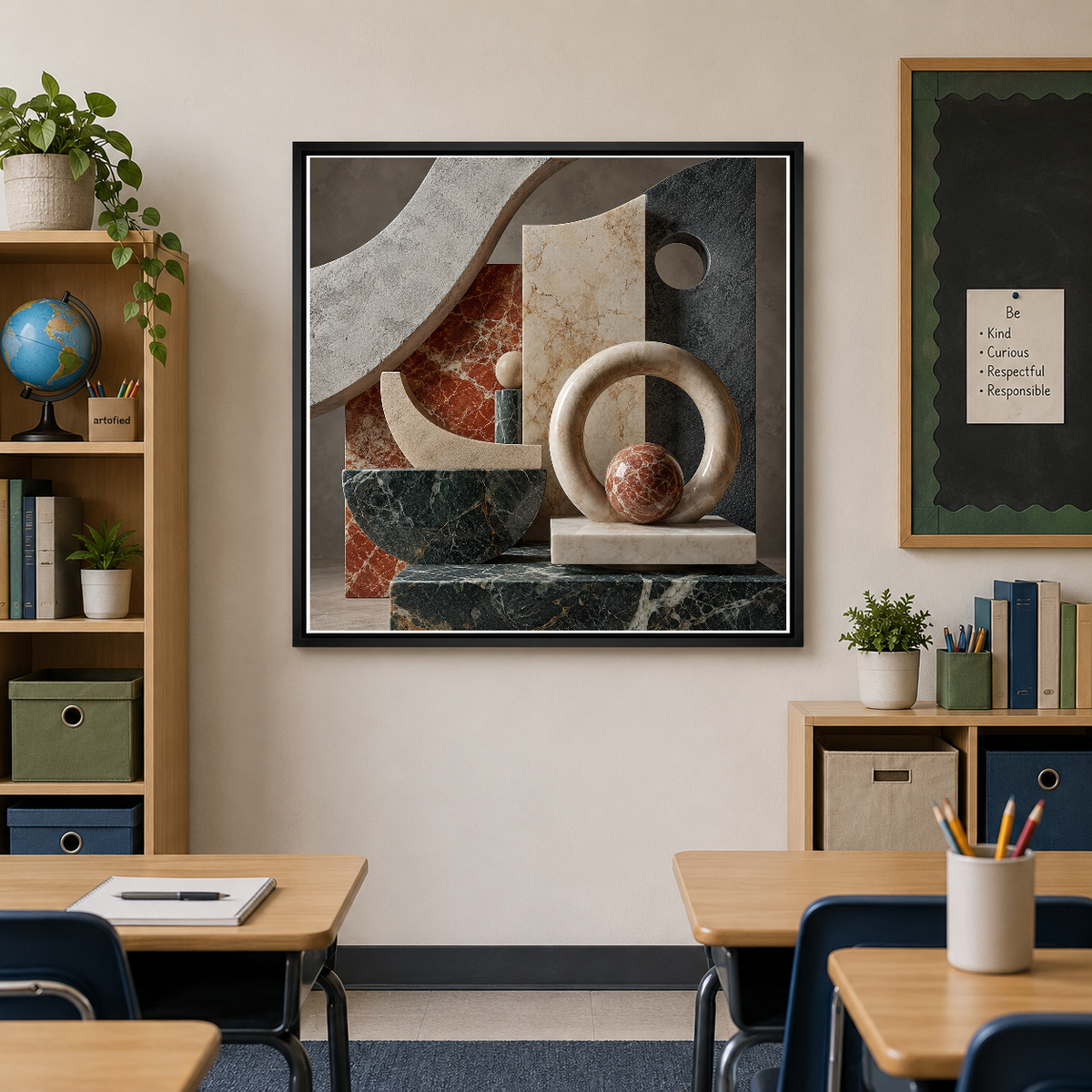 Architectural Fragments in Stone and Light – Marble, terracotta, slate in stillness – Framed Metal Poster - Artofied