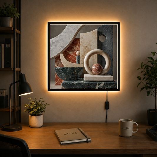 Architectural Fragments in Stone and Light – Marble, terracotta, slate in stillness – Photo Frame Wall Lamp - Artofied