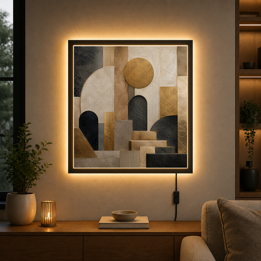 Architectural Geometry in Gold and Shadow – Gold and charcoal in architectural shadow – Acrylic Glowing Frame - Artofied