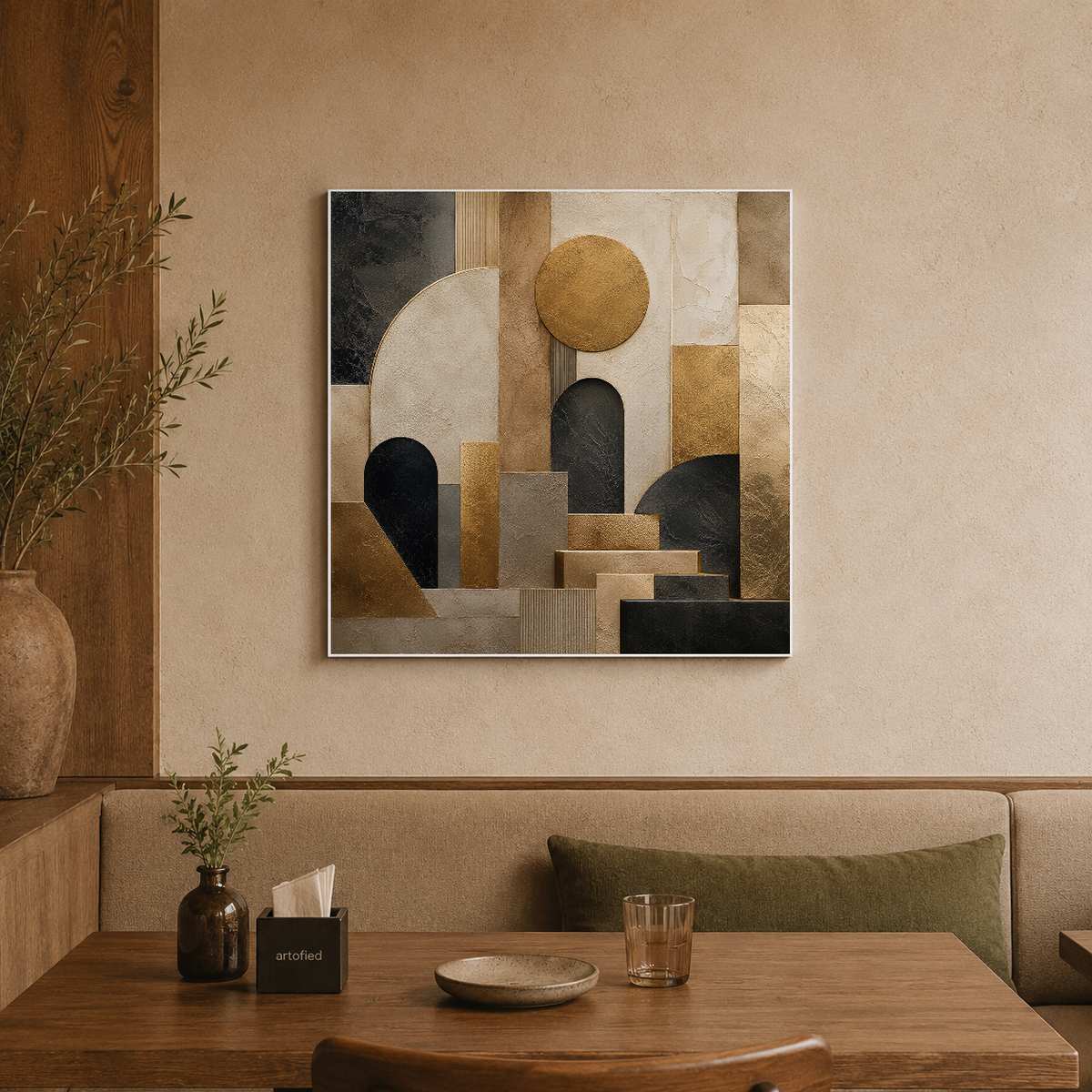 Architectural Geometry in Gold and Shadow – Gold and charcoal in architectural shadow – Premium Metal Poster - Artofied
